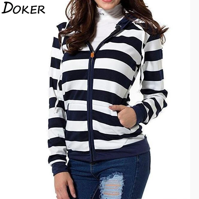 

2020 Autumn Women Striped Hoodies Sweatshirt Long Sleeve Hooded Zipper Pockets Jackets Casual Plus Size Tracksuit Female Clothes
