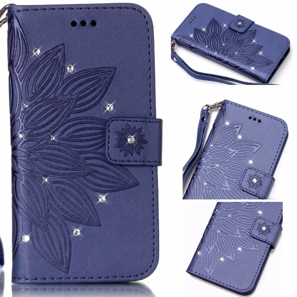 Кожаный бумажник с ремешком и подставкой цветочным принтом бриллиантами + ТПУ