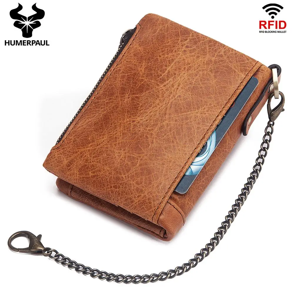 Головка Слои из коровьей кожи для мужчин Высокое качество RFID Бумажник с цепочкой