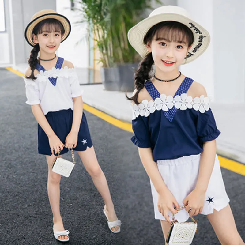 AiLe Rabbit New Summer Fashion Sweet Solid Color Off-Shoulder T-Shirt Pentagram Shorts Girls Set | Мать и ребенок