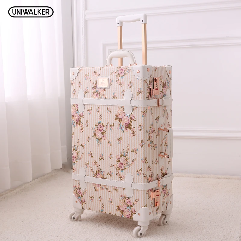 New Design Vintage Trolley Travel Luggage Set Girl Floral Hand Carry-On Fashion Classic Retro Luggage Bags Case Travel Suitcase