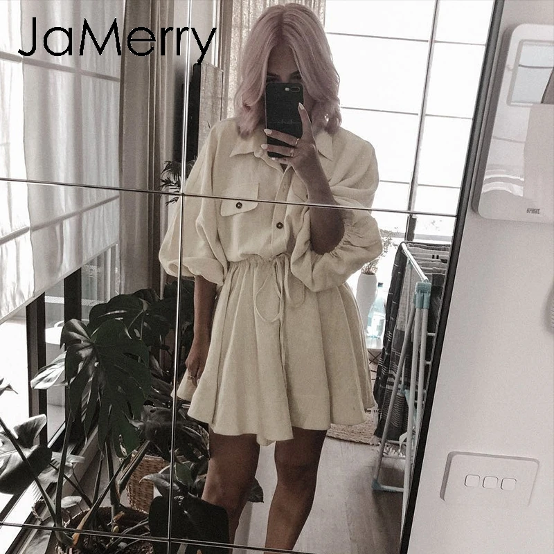 JaMerry, винтажное, прочный фонарь, рукав, Короткое мини платье, отложной воротник, на шнуровке, льняные платья, весна, повседневные женские платья, vestido