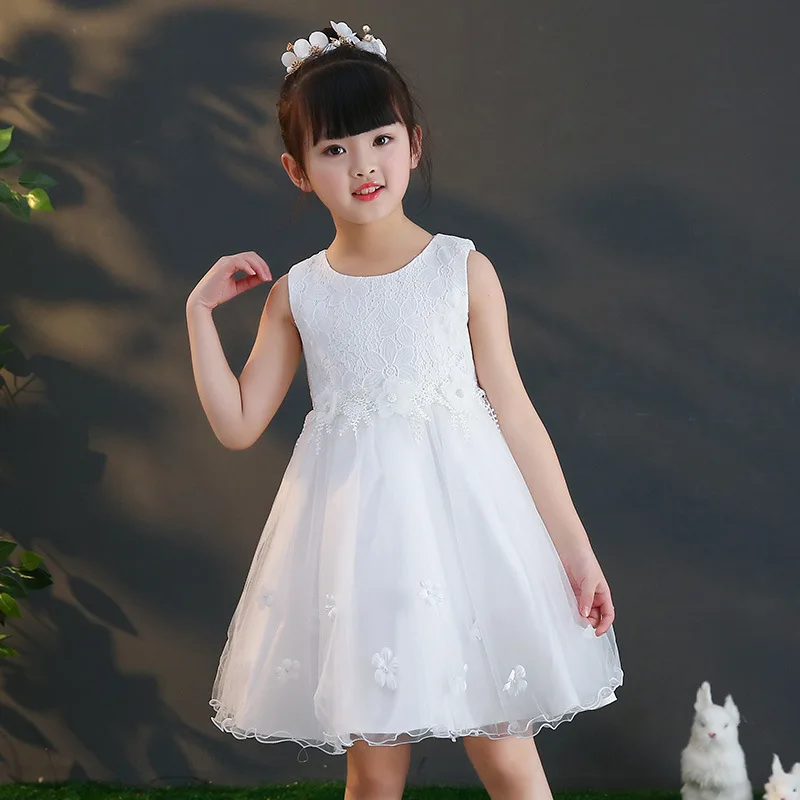 

Flowers embroidered Girls princess dress beautiful Girls party dress sleeveless wedding dress Pink White 3-9years