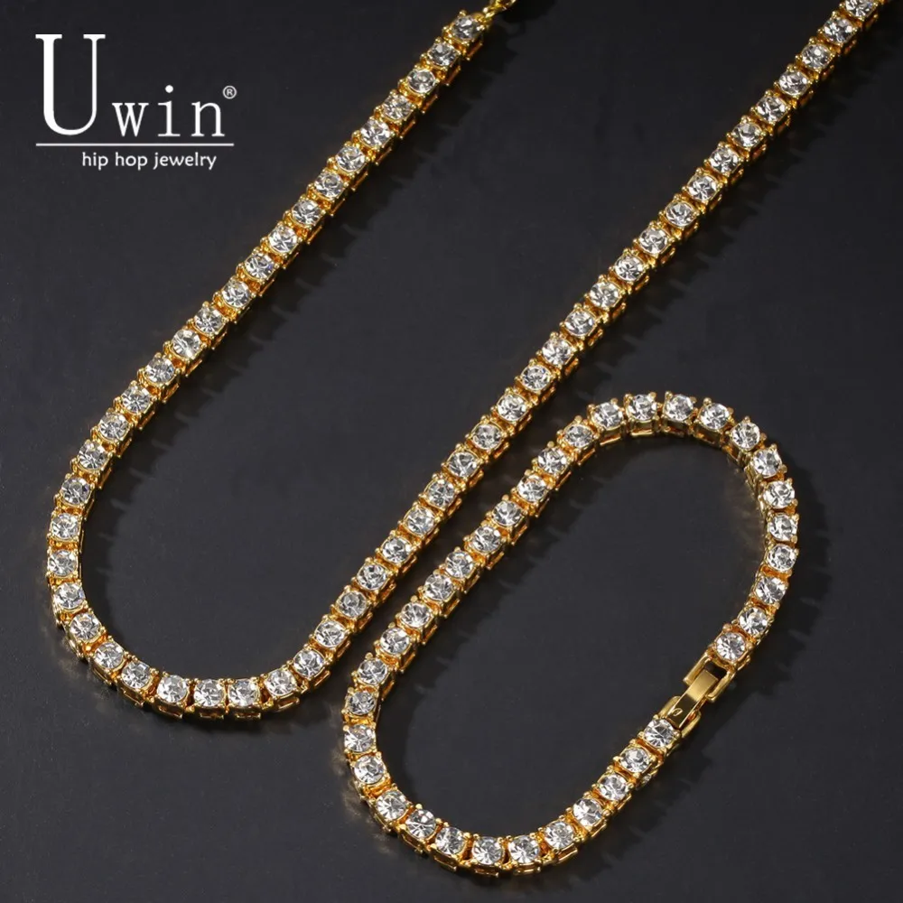 UWIN 5 мм теннис цепи Стразы ожерелий и браслетов набор NE + BA 1 ряд Bling роскошные