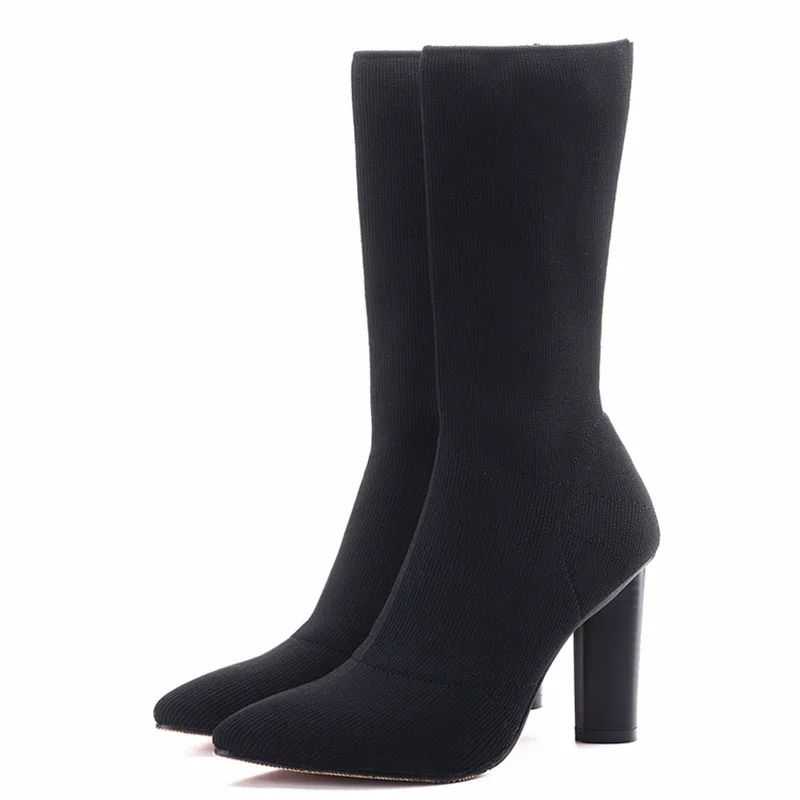 

Stretch Fabric Autumn Booties Chunky High Heels Pointed Toe Ankle Boots Knit Sock Rubber Women High Boot Women Pumps