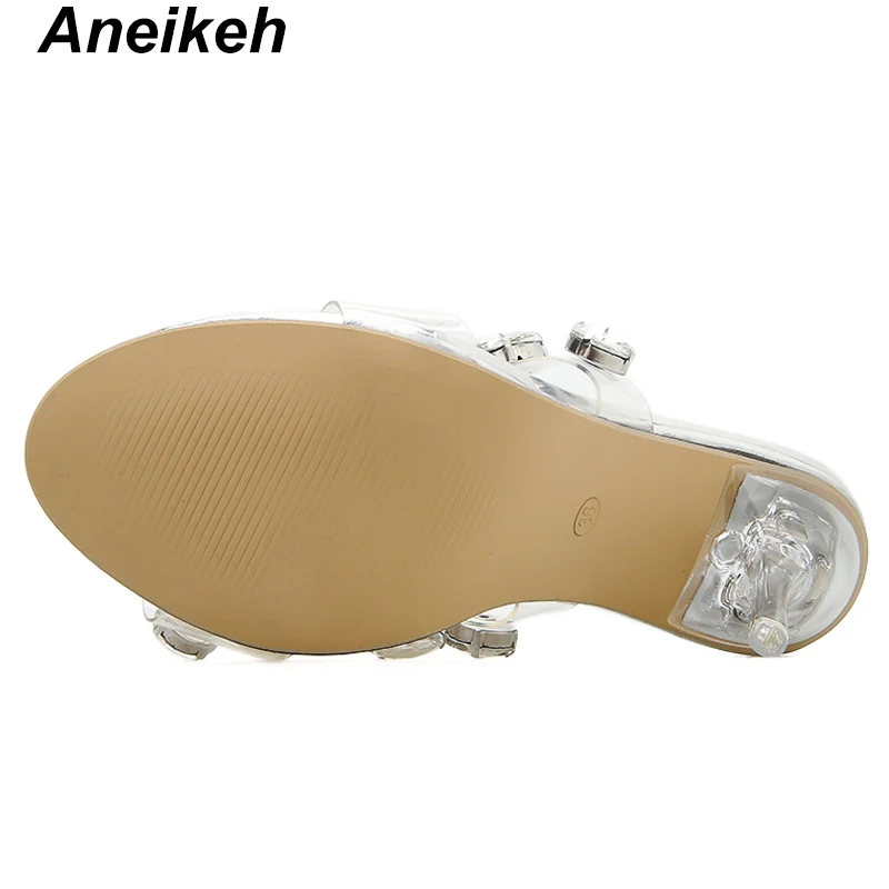 Aneikeh/Новинка года; пикантные босоножки из ПВХ с прозрачным каблуком; пикантные босоножки на тонком каблуке с открытым носком и кристаллами; женские босоножки на прозрачном каблуке; шлепанцы