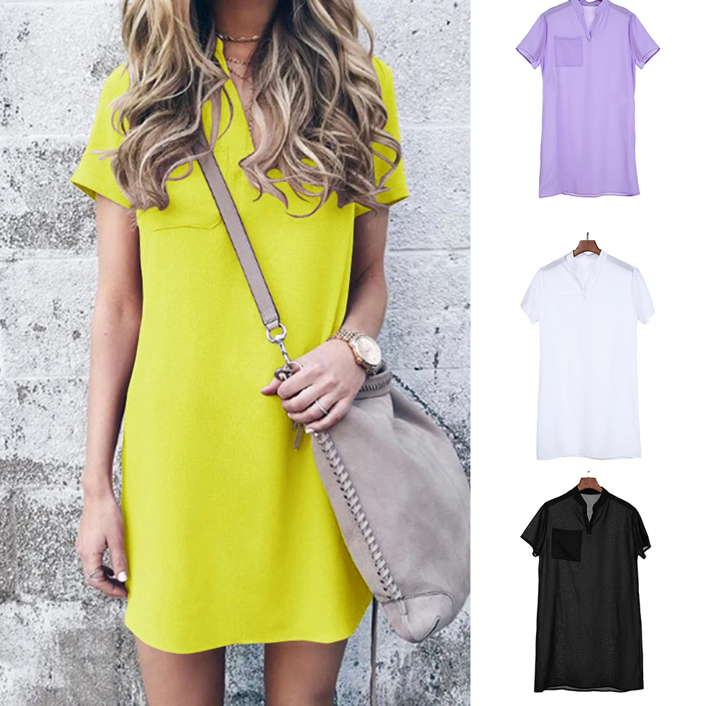 Женское модное платье с коротким рукавом и воротником стойкой однотонное летнее