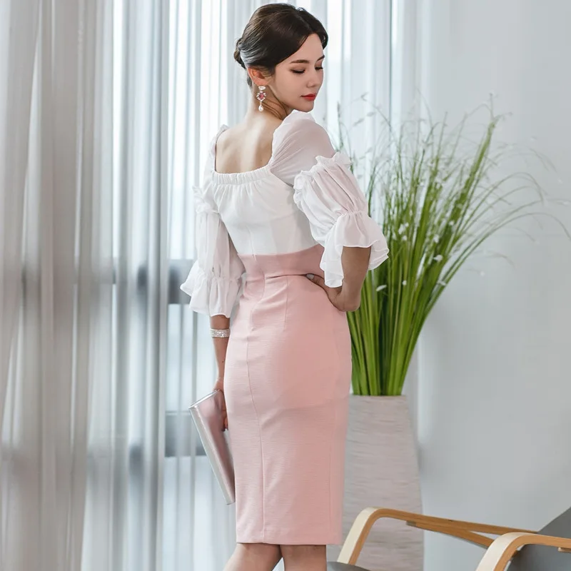 

Women Contrast Wrap Ladies Summer Dress Chiffon Patchwork Casual Pink Dress for Women Empire Lantern Sleeve Bodycon Sexy Dress