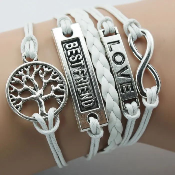 4 Цвета Ручной работы Комбинированный Браслет Бесконечная Любовь Жизнь Дерево и Лучший Друг Браслет Ювелирные Изделия Обернуты Снаружи Кожаным Шнуром