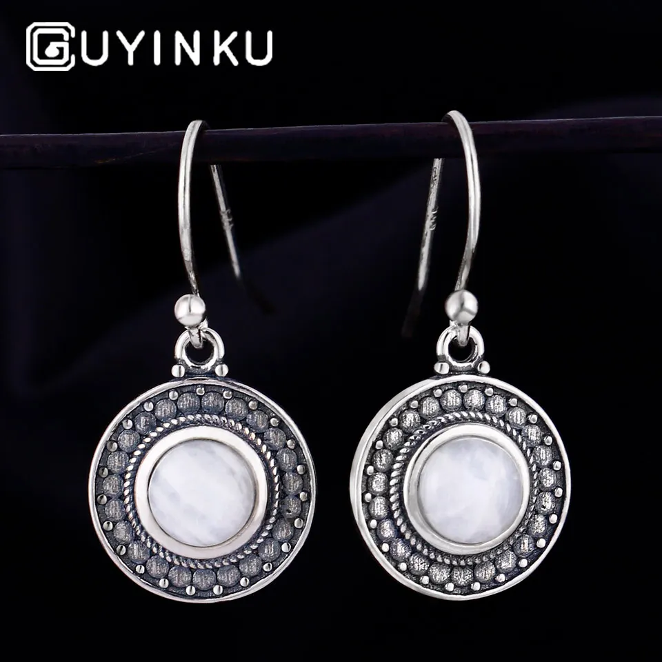GUYINKU Романтический натуральный лунный камень круглой формы висячие серьги 925 пробы серебряные ювелирные изделия для женщин вечерние ювелирные изделия