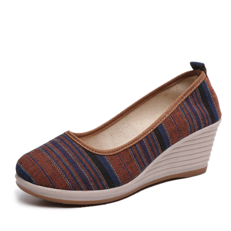 Женские парусиновые туфли на танкетке высоком каблуке в полоску без застежки