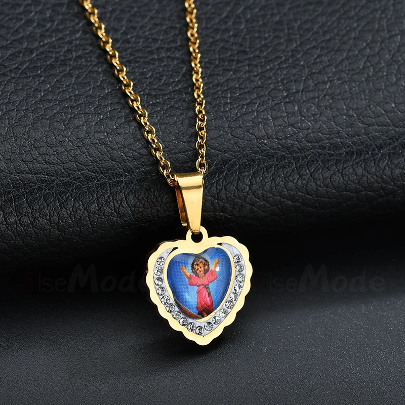 ELSEMODE Clear Crystal Baby Jesus Heart Pendant Necklaces Gold Titanium Stainless Steel Bling Necklace Catholic Jewelry | Украшения и