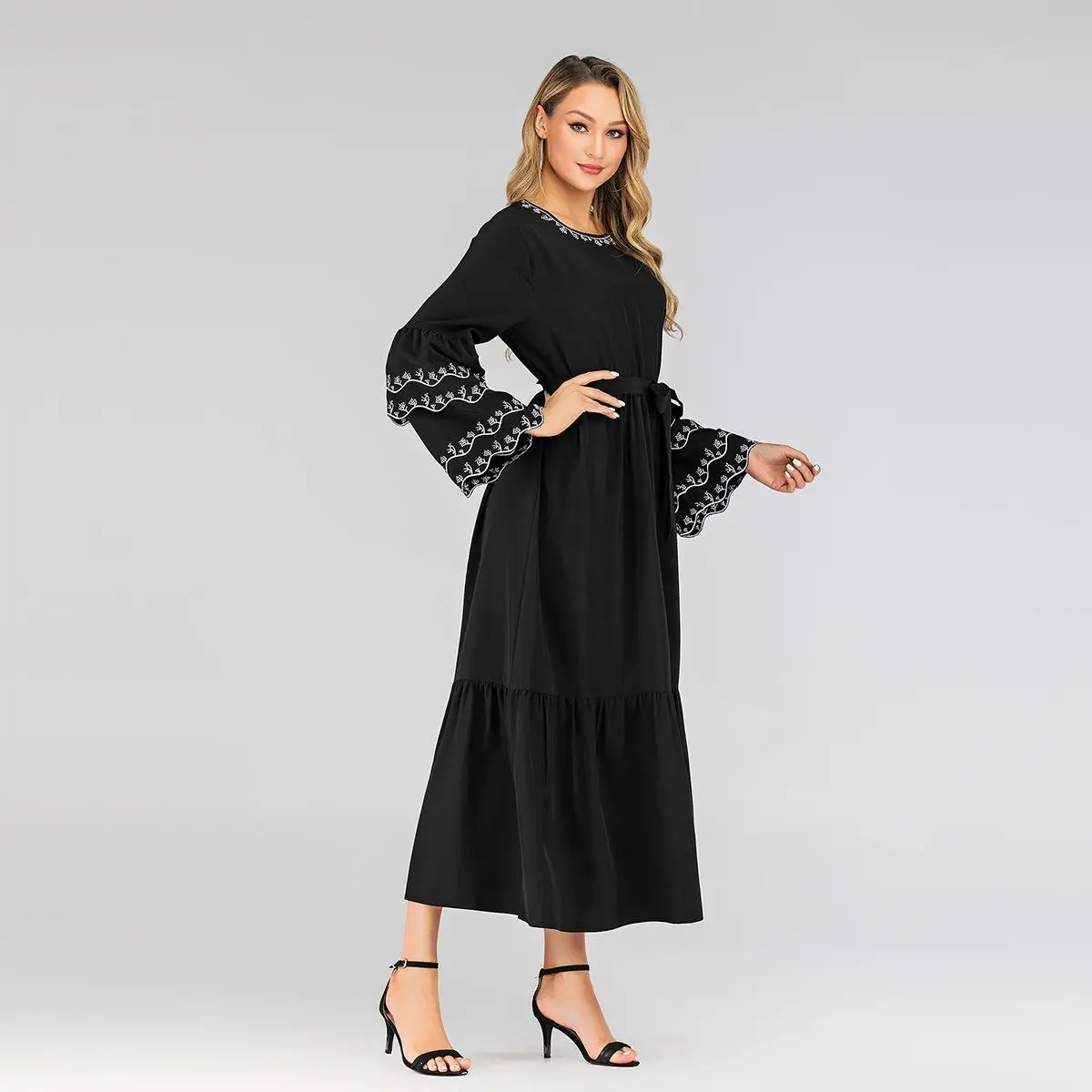 Abaya Women Muslim Long Sleeve Maxi Dress Islamic Arab Loose Robes Lady Gown Ruffle Puff Draped Design O-neck Dubai | Тематическая