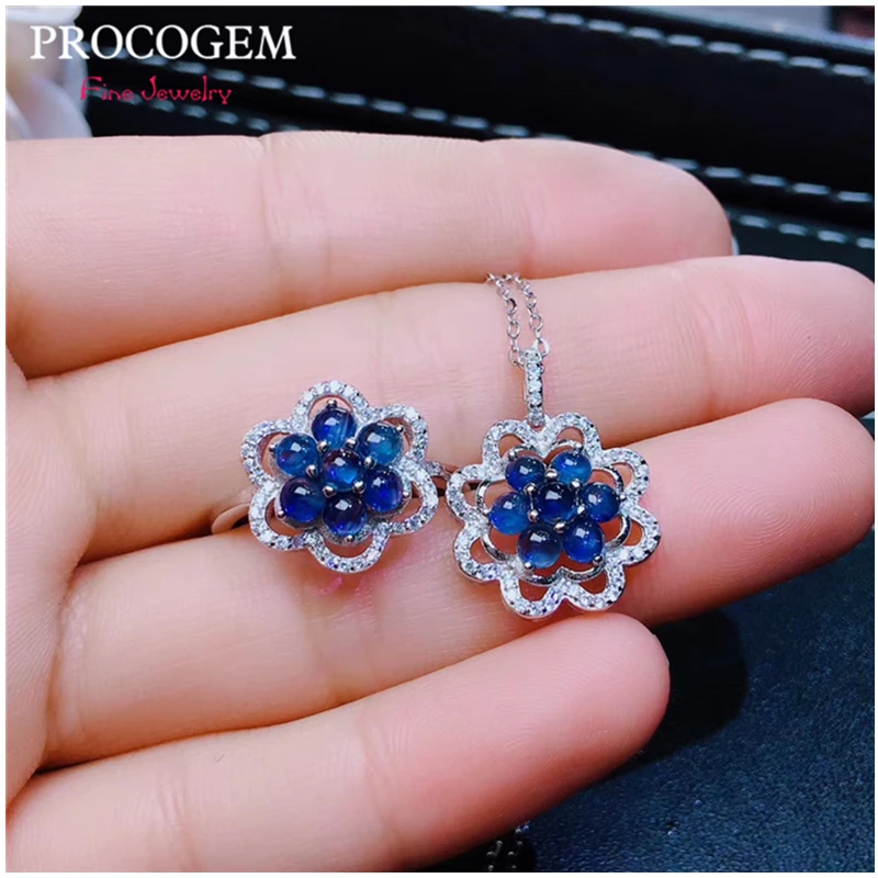 

Authentic Sapphire Jewelry sets Flower Necklace Ring CZ for Women Party Real gemstones fine Jewelry 925 Sterling Silver #485