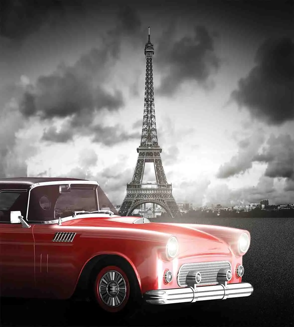 Paris Duvet Cover Set Fancy Vintage Car with Tour Eiffels in Cold Cloudy Day Romantic Theme Retro Style Art Photo Bedding | Дом и сад
