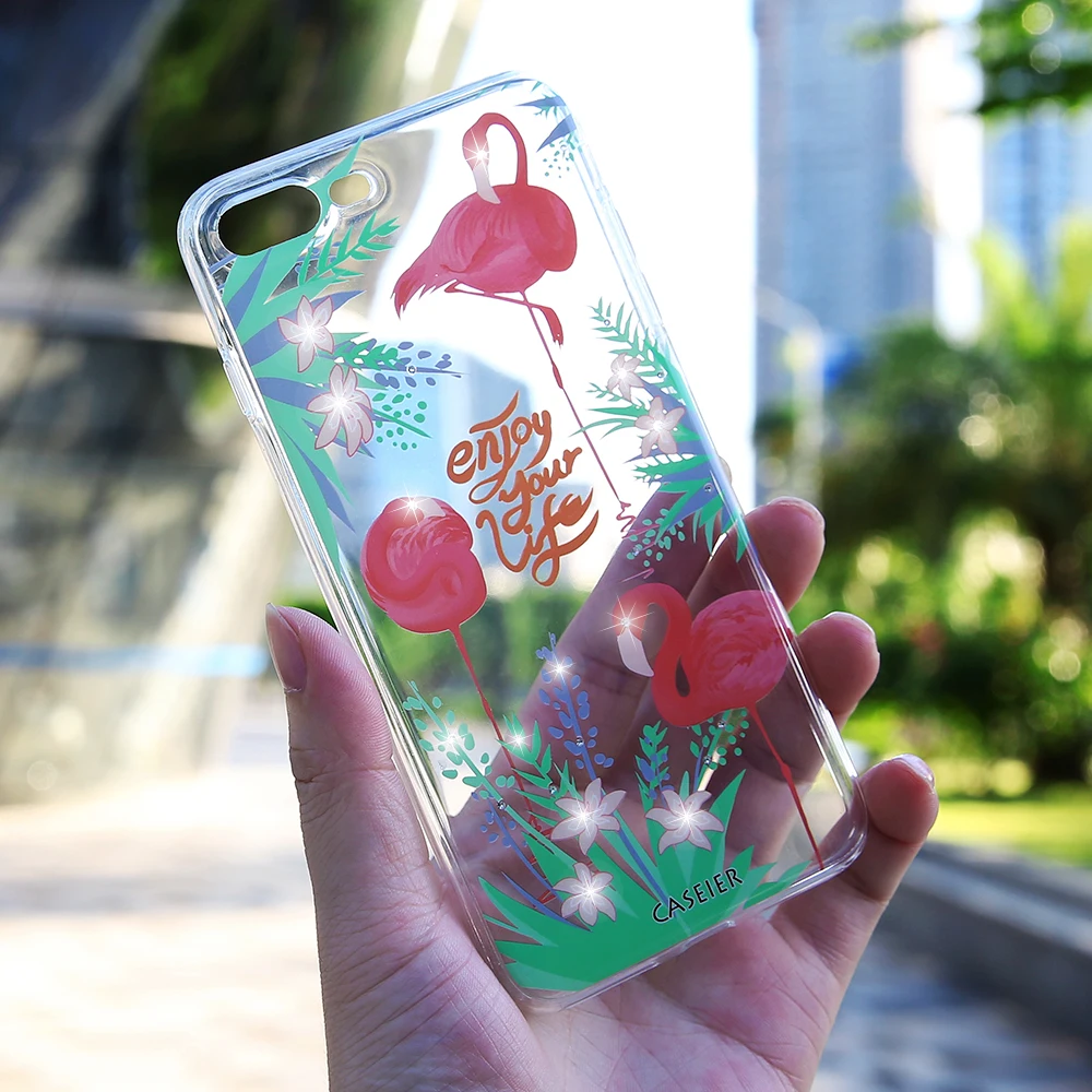 CASEIER Flamingo Silicone Case For iPhone 6 6s 7 8 Plus Diamond Clear Cover X 5 5s SE Cases Glitter Bag |