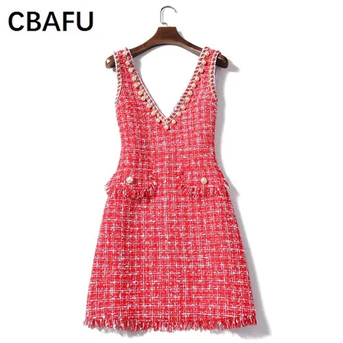 red CBAFU красное женское платье с жемчугом бренд femme vestidos v образным вырезом Новое весеннее твидовое шерстяное вечернее платье подиумная жилетка мини платье X499 - Цвет: red