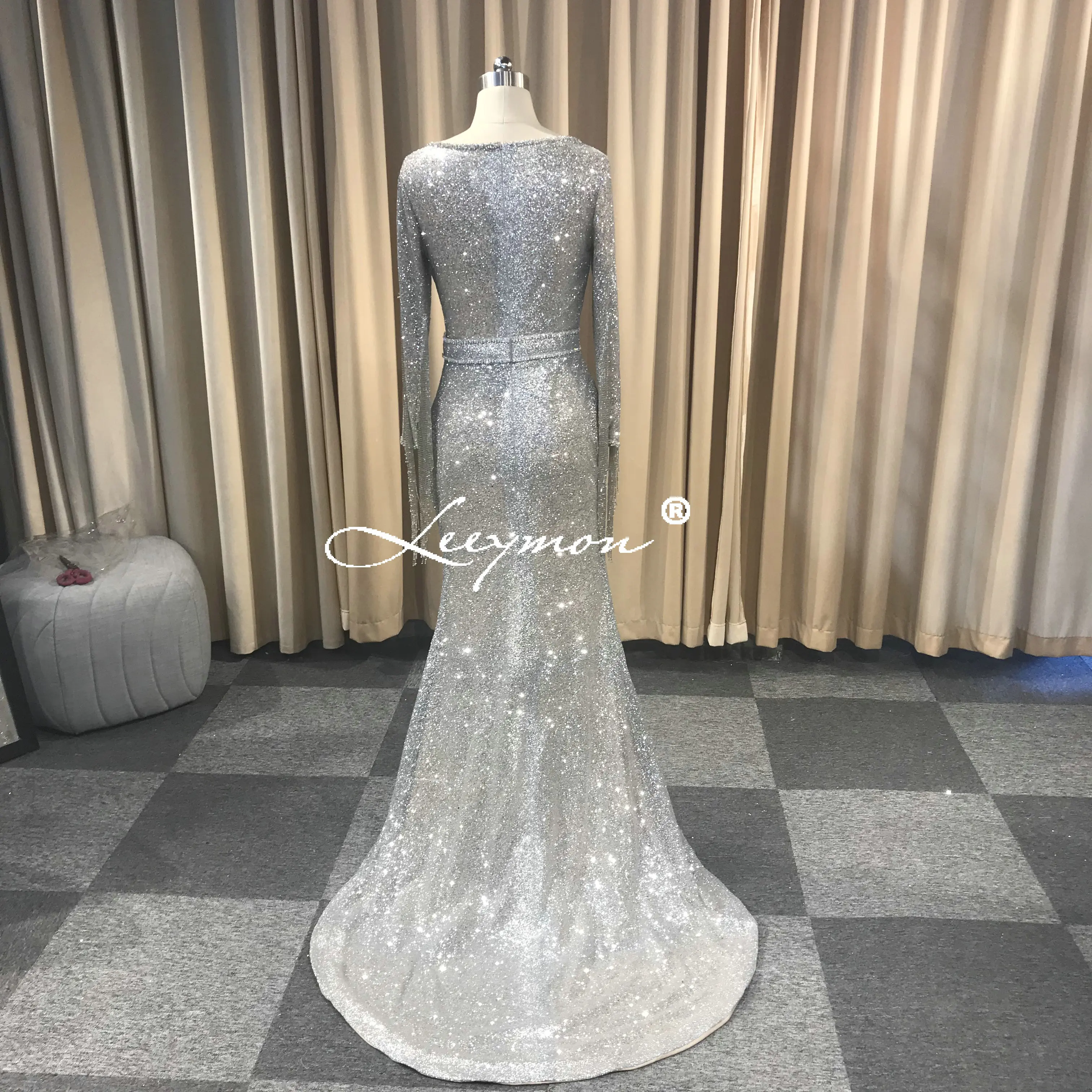 Leeymon 2019 на заказ Серебряный Русалка блеск вечернее платье с длинными рукавами