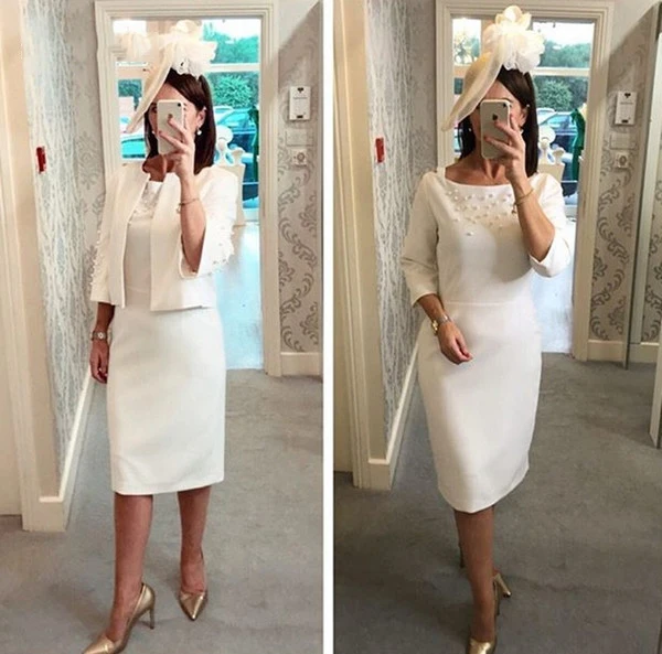

Elegant Sheath Knee Length Ivory Mother Of The Bride Dresses With Jacket Elegant Pearls Wedding Guest Dress Women Party Gowns