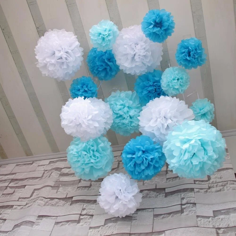 Diy Blues Whtie папиросная бумага Pom Poms для нового ребенка душ и мальчик первый день