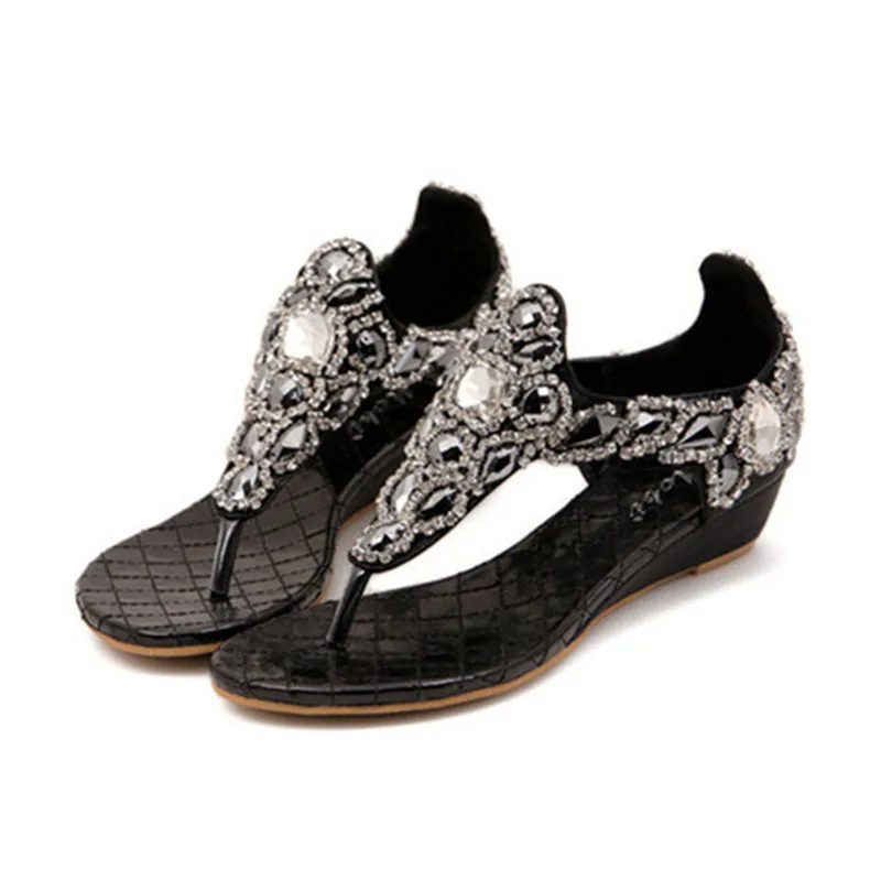 Мода новые 2017 Лето Женщины Сандалии Кристалл Горного Хрусталя Slip-on Клин Обувь