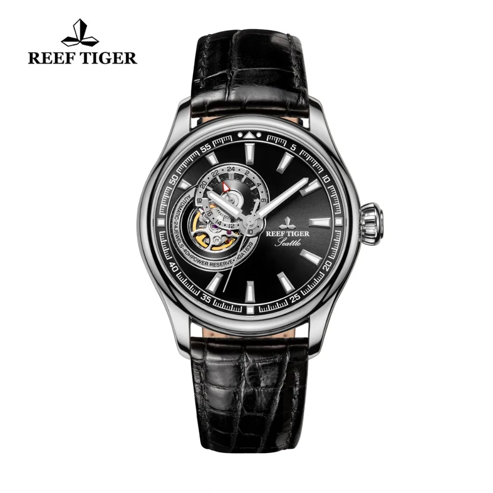 

Reef Tiger/RT Skeleton Casual Watch for Men Leather Strap Tourbillon Wrist Watches Black Dial Automatic Analog Watch RGA1639