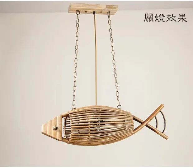 Бамбуковая креативная Подвесная лампа типа рыбы тканевая ресторанная