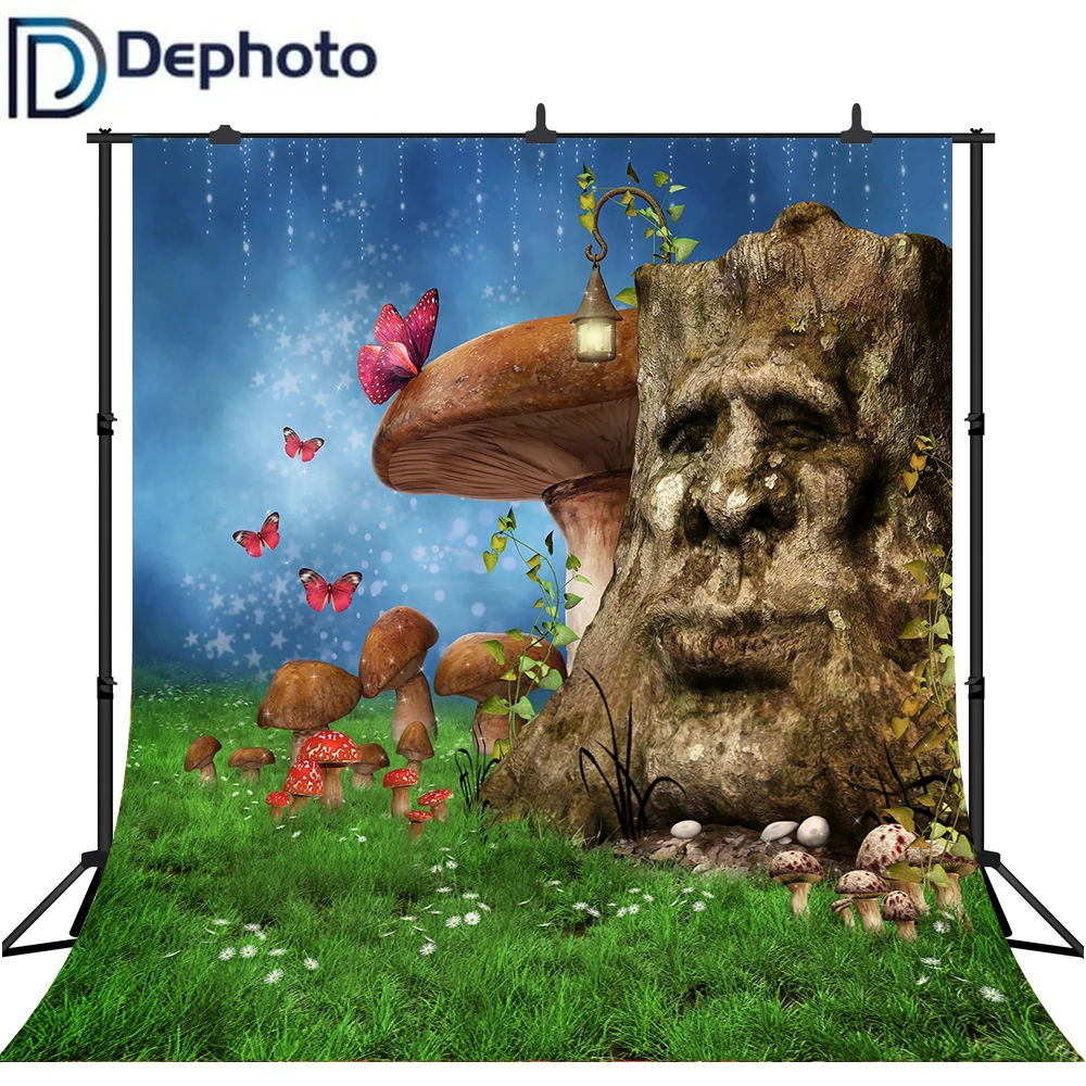 DePhoto сказочный лес фон для фотосъемки детей грибы цветы деревья бабочка