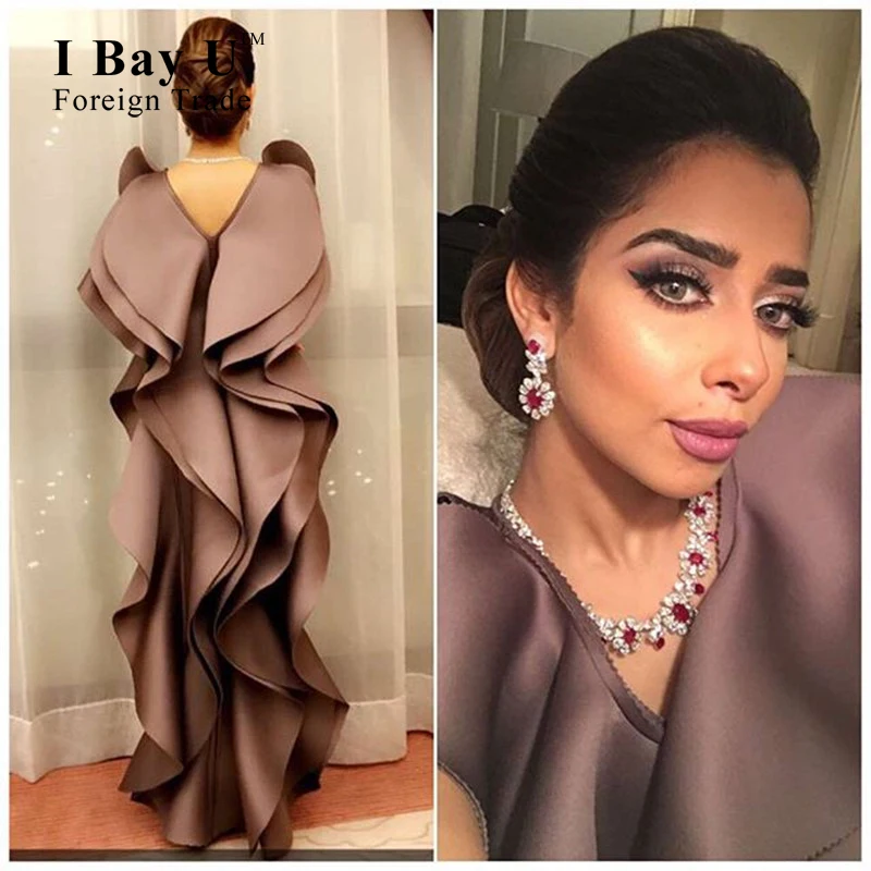 Sheath Ruffles Sexy Back Arabic Evening Gowns Dresses 2020 Modest Evening Dresses Elegant Brown Prom Dresses Robe De Soiree