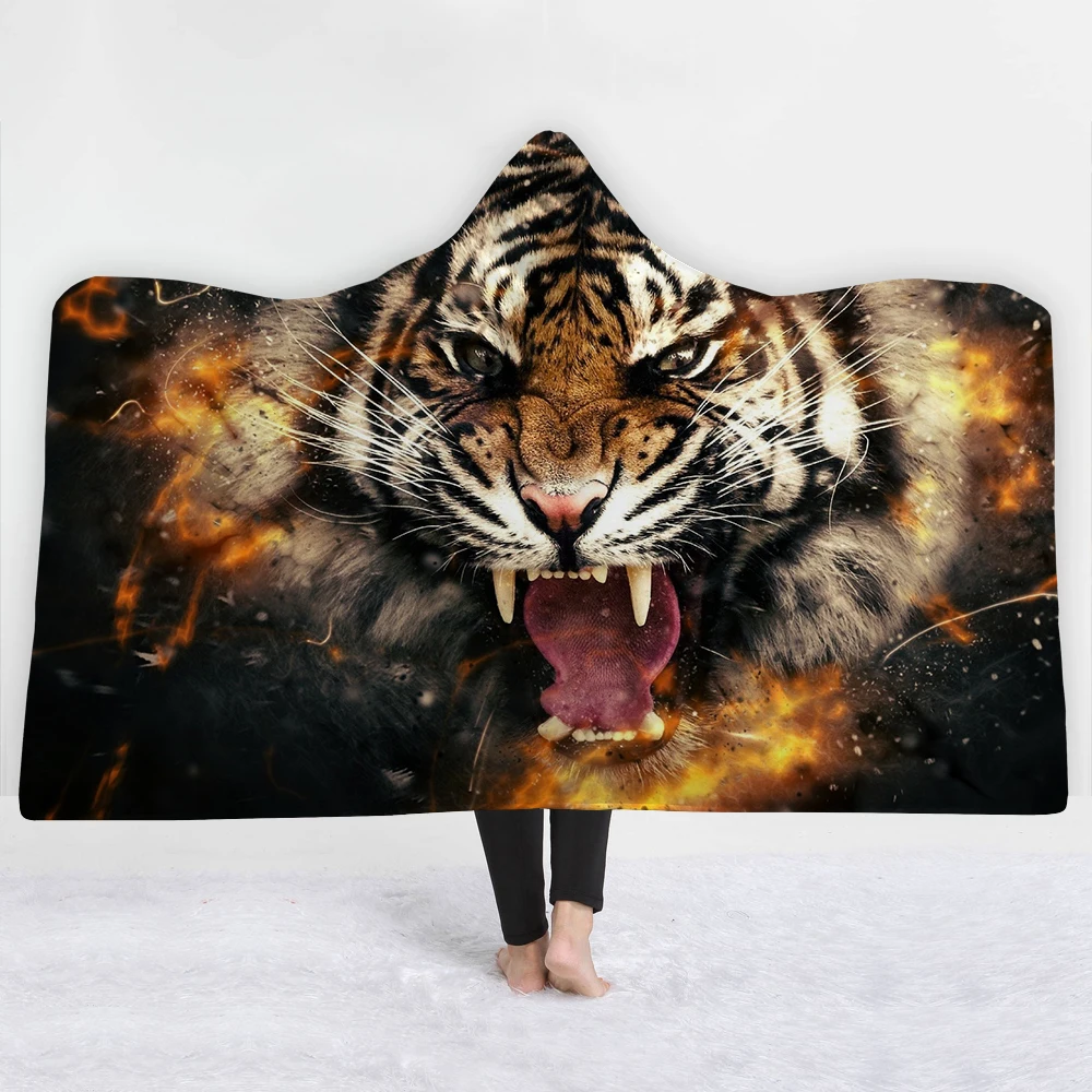 

3D Print Animal Hooded Blanket Tiger Wolf Moon Hooded Blanket Super Soft Microfiber Coral Fleece Blanket Winter Gift