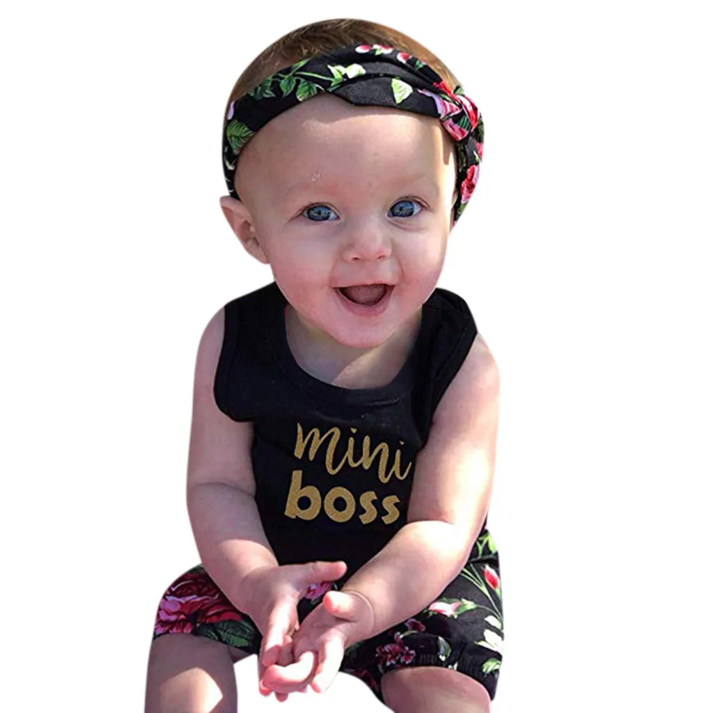 Children's wear set 2019 Toddler Baby Girl Letter Vest Tops+Floral Print Shorts+Headbands Set Outfit Spring summer | Детская одежда