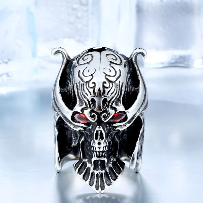 Cool Big Punk Stainless Steel Men's Unique War Skull Head Ring For Man With Stone High Quality BR8-336