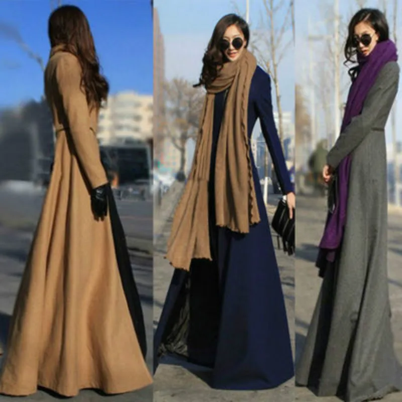 

Women Wool Blends Autumn And Winter Large Size Goddess Slim Big Swing Split Ends Mopping Long Section Wool Woolen Cloth Coat