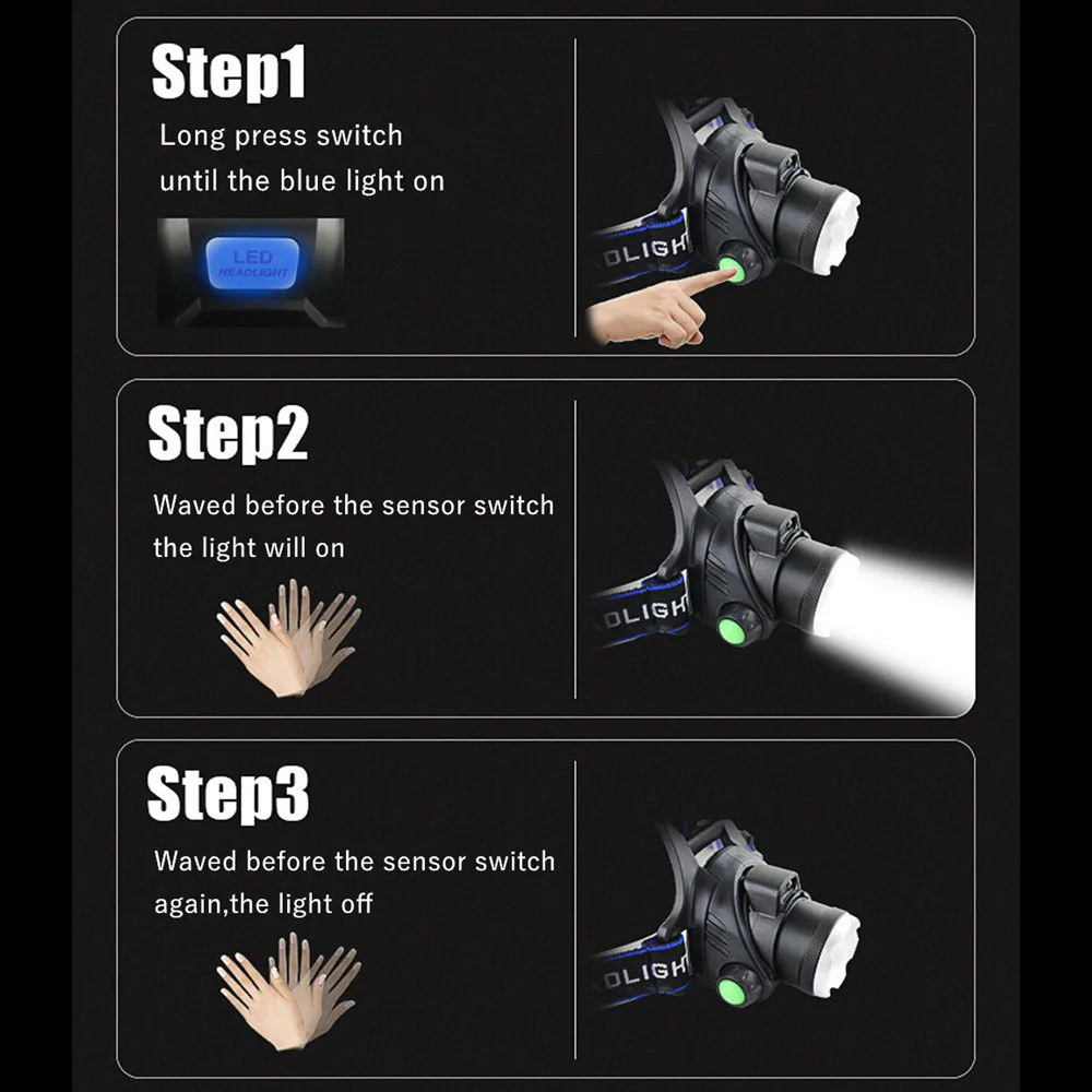 Светодиодный налобный фонарь с ИК датчиком индукционный Micro USB перезаряжаемый XM L2