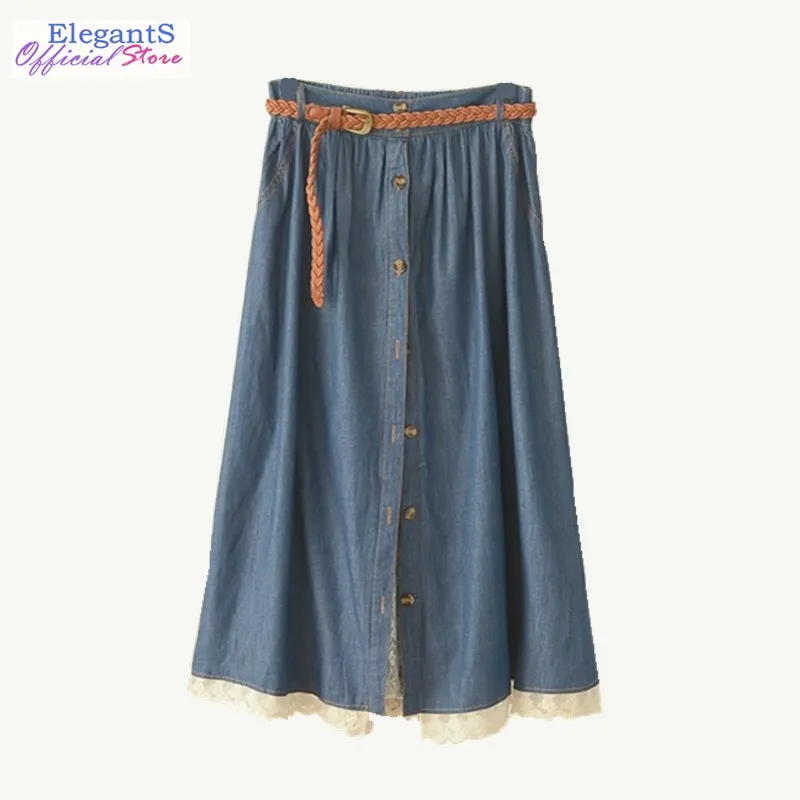 dark blue Женская джинсовая юбка с кружевным лоскутным узором, трапециевидная юбка до середины икры с высокой талией, японский стиль, однобортная длинная джинсовая юбка, женская одежда - Цвет: dark blue