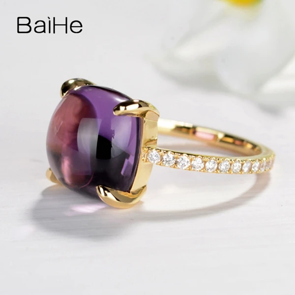 BAIHE, 14 карат, желтое золото, 5CT, сертифицированная Подушка, настоящий аметист, свадебные, круглые, 0.22ct, бриллианты, для женщин, Трендовое, хорошее ювелирное изделие, кольцо