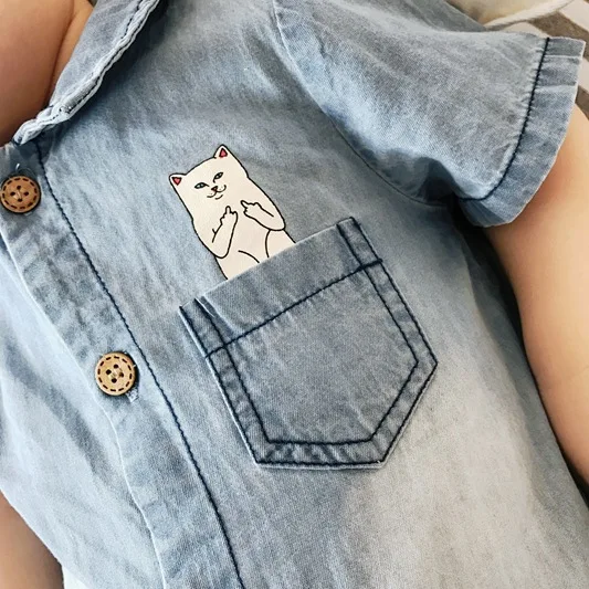 Детский комбинезон из мягкой джинсовой ткани с рисунком кота Одежда для