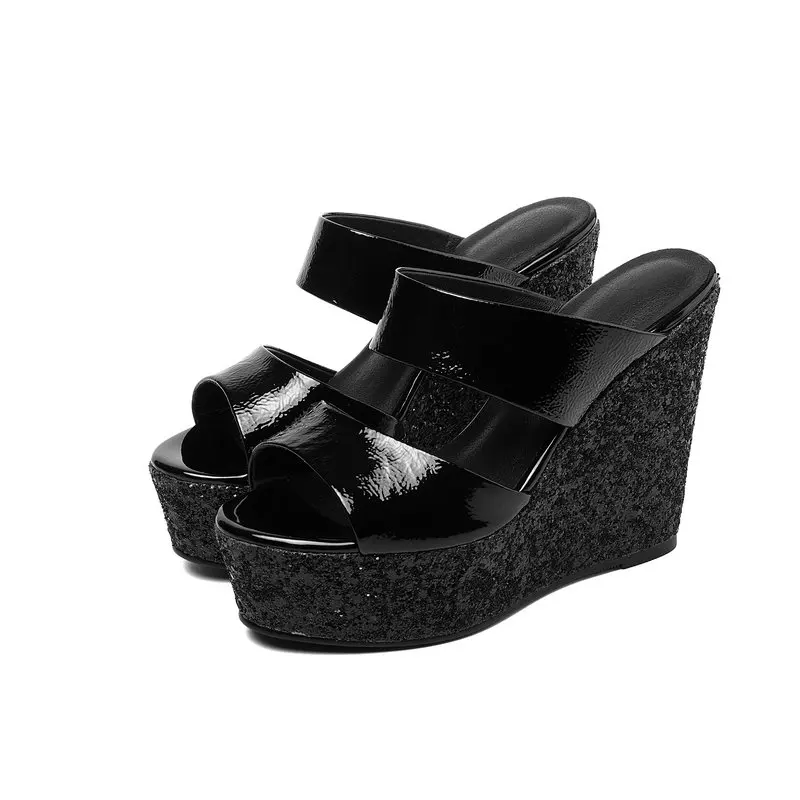 Women Cow Leather Slippers Black White Glitter Heel Wedges High Heels Flip Flops Summer Genuine Sandals Sandalias Mujer | Обувь