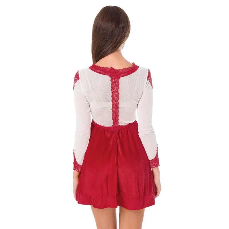 

New autumn spring Women dress ladies fashion long sleeve sweet lace patchwork slim A-line shoer mini dress
