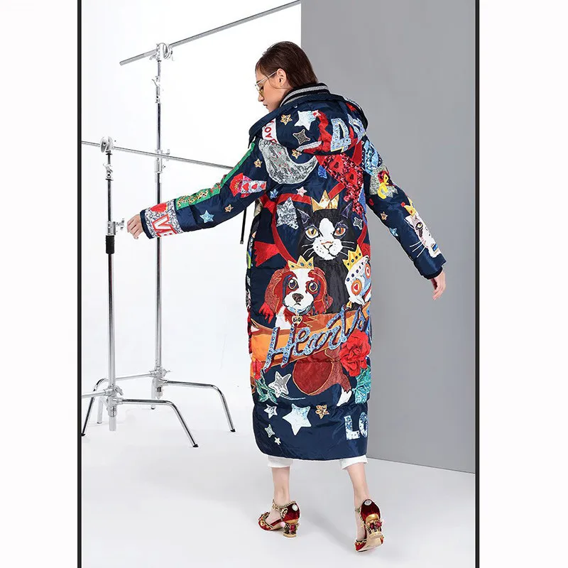 2019 New Women Winter Long Thick Duck Down Jacket Coat Femme Cartoon Cat Print Harajuku Feather Puffer Jacket Down Parka W58