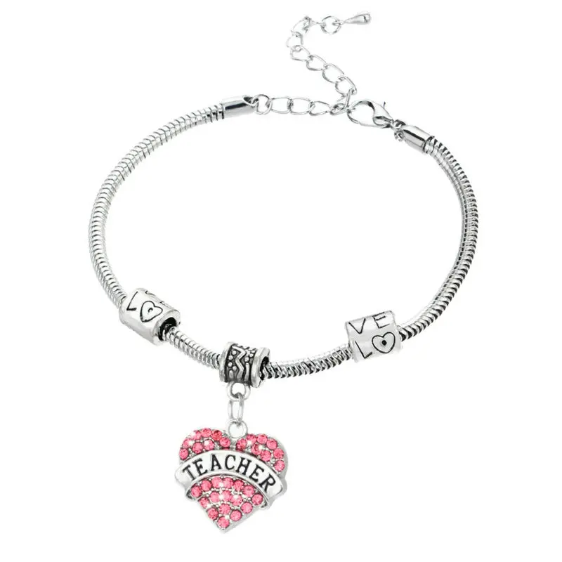 Pink Crystal Heart Teacher Bracelet Chain Love Beads Teacher's Day Gifts For Women Men Jewelry Charm | Украшения и аксессуары