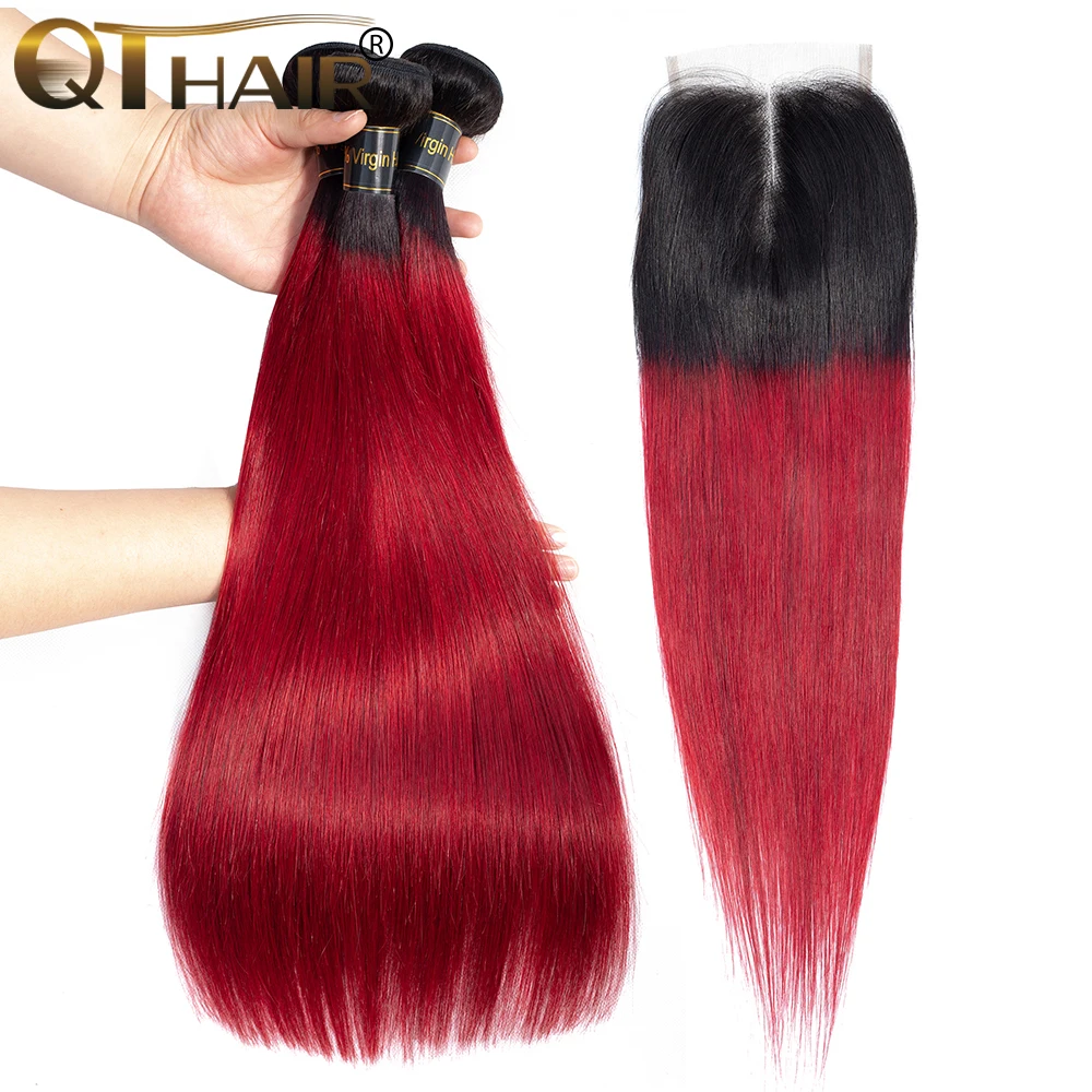 QT Burgundy Bundles 3 Pcs Ombre Peruvian Straight Human Hair Weave Dark Roots Ombre Wine Red Bundles Peruvian Hair Weaving