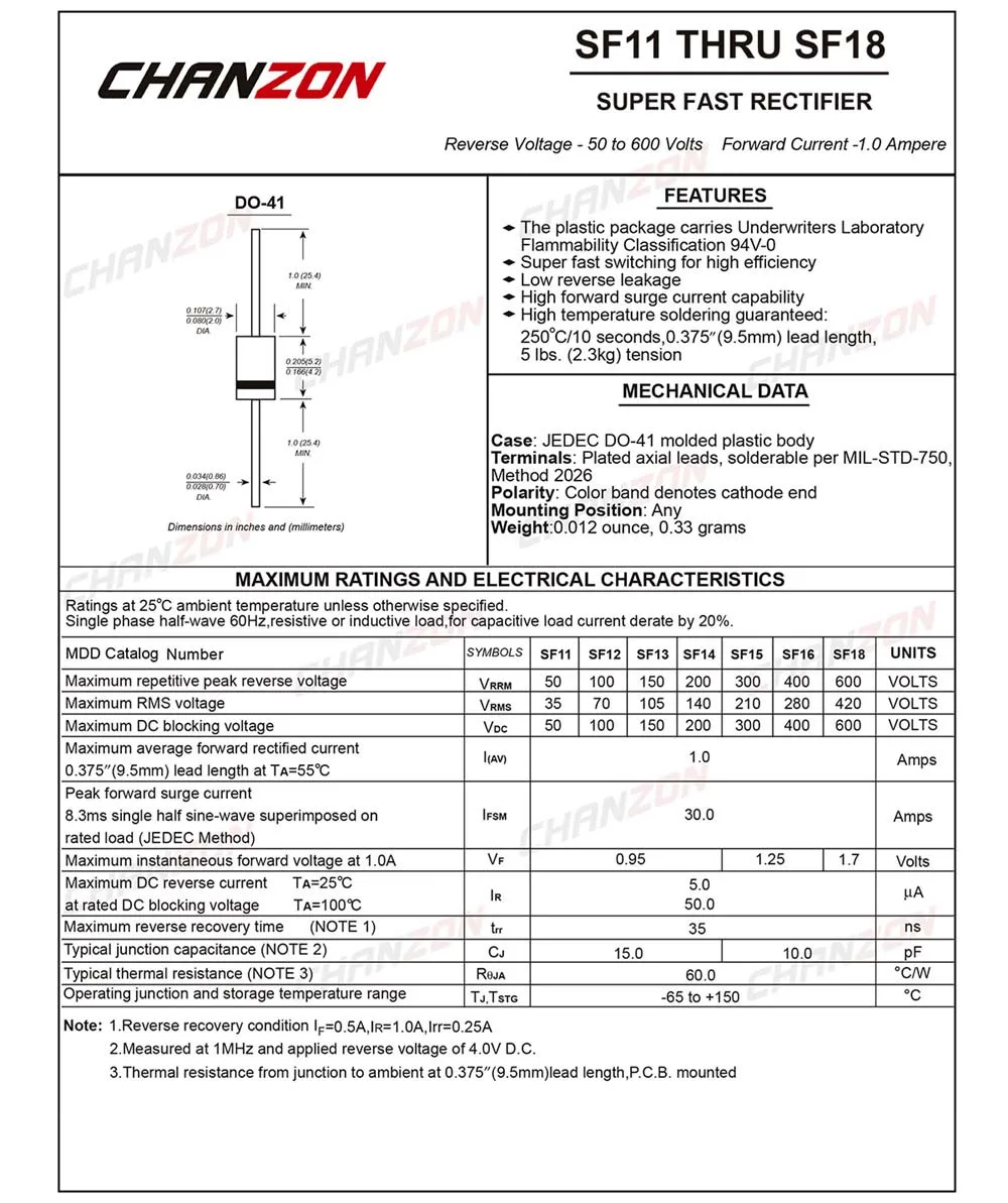 (100 шт.) SF18 супер быстрое восстановление выпрямительного диода 1A 600 V 35ns DO 41 (DO 204AL)