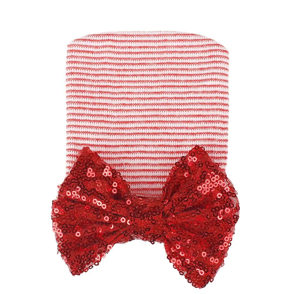 Newborn Baby Girl Knit Striped Caps Christmas Winter Toddler Princess Sequined Bowknot Hats Bebe Adjustable | Детская одежда и