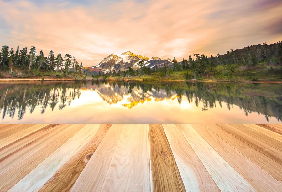 Laeacco Снежная гора река деревянная доска Сцена фотография фоны на заказ