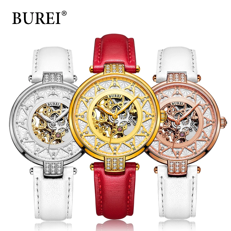 BUREI женской моды сапфир платье часы роскошные скелет из натуральной кожи