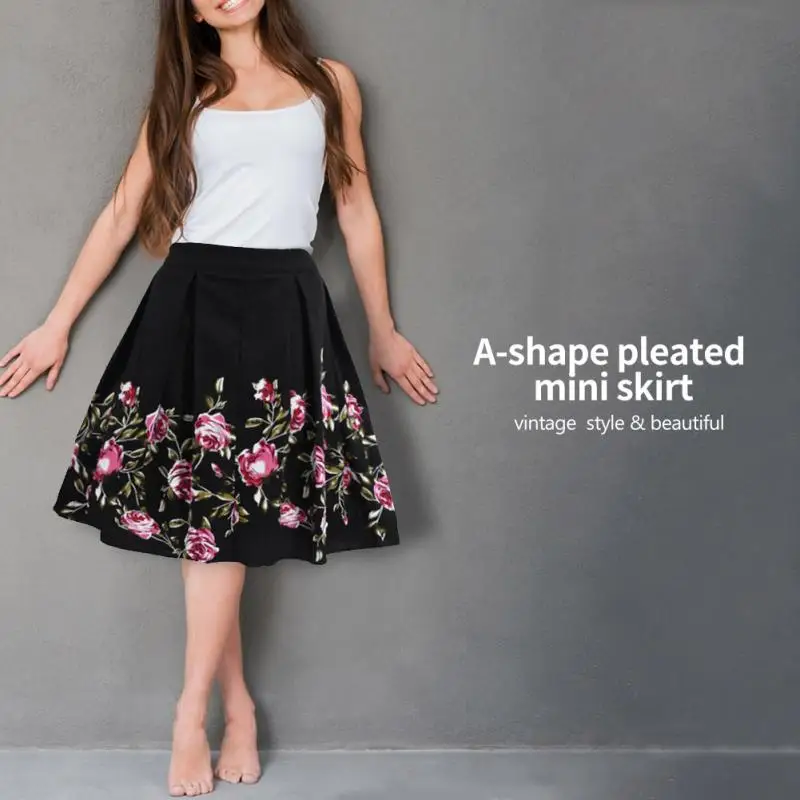 Винтажная юбка с цветочным принтом большие размеры черная плиссированная в