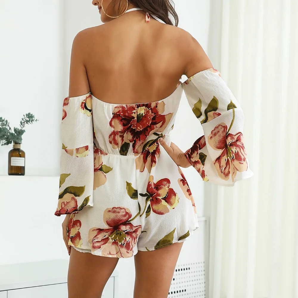 Boho Цветочный принт элегантный комбинезон 2019 Летний стиль Холтер короткий для