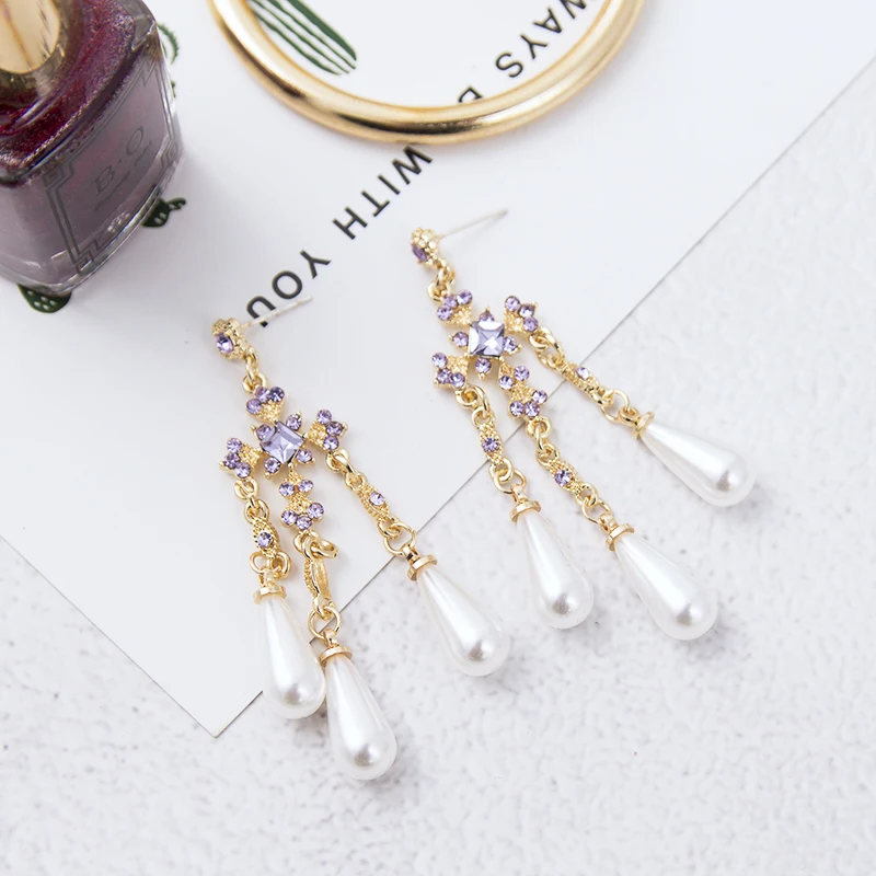 Модные серьги в стиле барокко с фиолетовым цветком со стразами длинная водяная