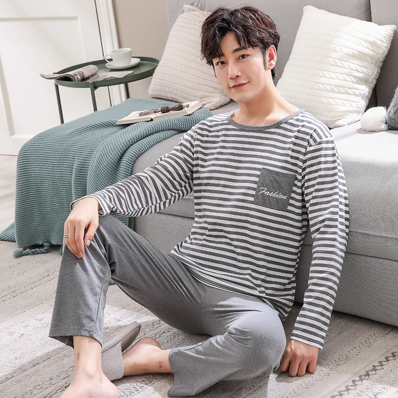 Мужская Хлопковая пижама с длинными рукавами и круглым вырезом пижамный